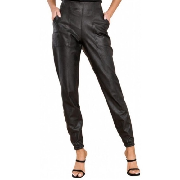 SPANX Pants - Spanx Black Joggers Faux Leather Pants with Pockets Women's Size Large Pull On